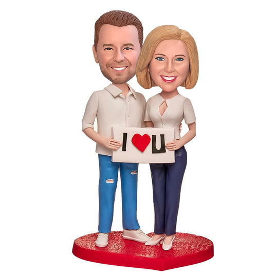 The Couple with The I LOVE U Sign Custom Bobbleheads With Engraved Text