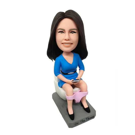 Woman Sitting on Toilet Playing With Mobile Phone Custom Bobblehead With Engraved Text